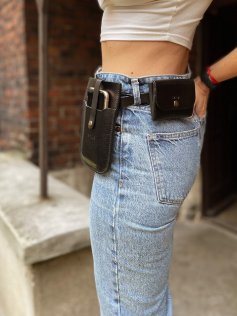 Torebka na telefon, kolekcja "Katowice", kolor czarny - stare złoto, skóra naturalna Torebka na telefon, kolekcja "Katowice", kolor czarny - stare złoto, skóra naturalna