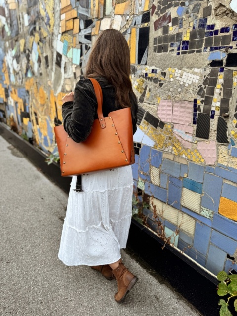 Torebka Shopperka duża, kolekcja „Kraków", kolor karmelowy brąz, skóra naturalna