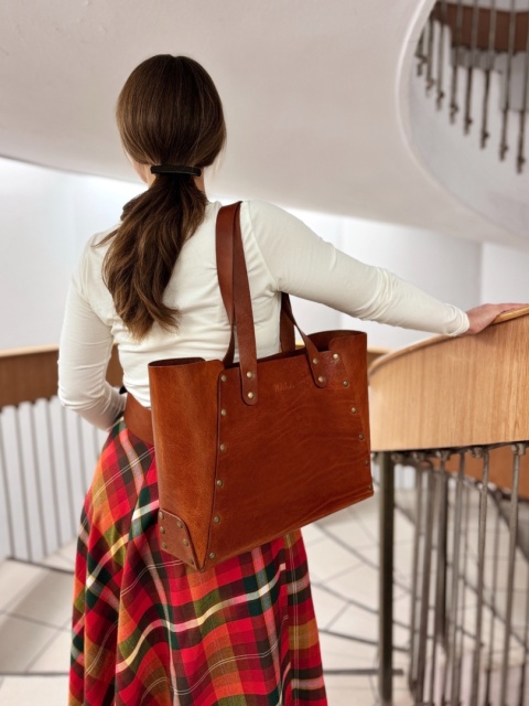 Torebka Shopperka duża, kolekcja „Szczyrk", kolor kasztanowy brąz, skóra naturalna